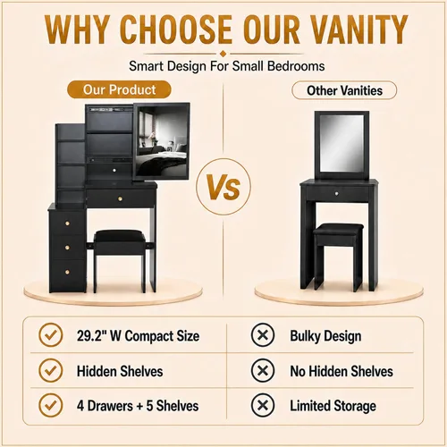 Miniatura 5 de BNSPLY 29.2" W Small Vanity Desk with Sliding Mirror, Black Makeup Vanity Set with 4 Drawers and 5 Shelves, Dressing Table with Cushion Stool for