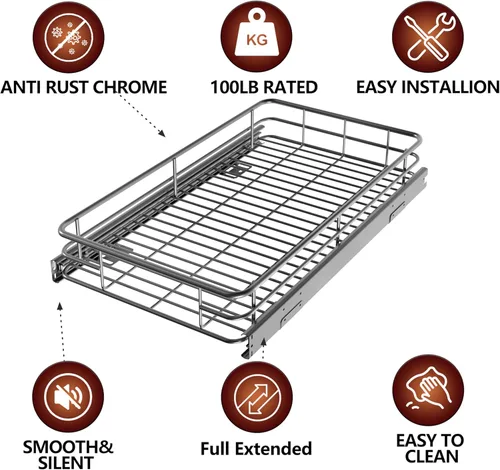 Miniatura 5 de JOWBOOW Organizador de gabinete extraíble (20" An x 21" Pr), Estantes extraíbles para gabinetes de cocina, Cajones deslizables de metal resistente