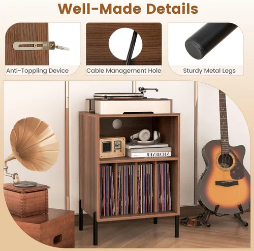 Miniatura 8 de Tangkula Soporte para tocadiscos, mesa auxiliar giratoria con estación de carga y armario de almacenamiento de discos de vinilo con capacidad