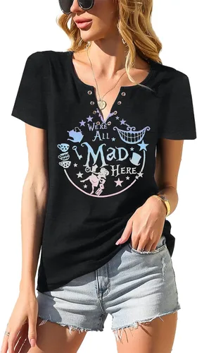 Miniatura 5 de ASTANFY - Camiseta para mujer "We're All Mad Here", con estampado mágico, lindas camisetas gráficas, tops casuales de manga corta para vacaciones
