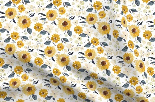 Spoonflower Tela - Verano Girasol Otoño Mostaza Oro Otoño Acuarela Floral Impreso en Tela de Gasa Cuarto Grasa - Costura Ropa de Moda Vestidos