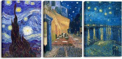 Miniatura 22 de Wieco Art 3 Paneles de Impresiones en Lienzo de Pinturas de Vincent Van Gogh Reproducción Noche Estrellada sobre el Ródano Terraza del Café por