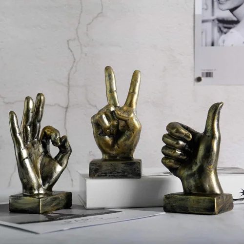 Miniatura 4 de Lependor Estatuas de escritorio con gesto de mano de poliresina dorada, escultura de dedo para decoración - Dedos dorados de OK