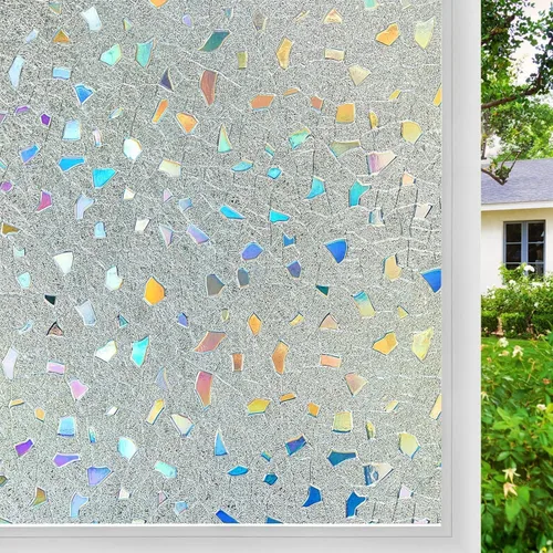 Miniatura 15 de Coavas Película de privacidad para ventana de vidrieras 3D arco iris, control de calor, bloqueo UV, no adhesivo, película de vinilo extraíble, tinte