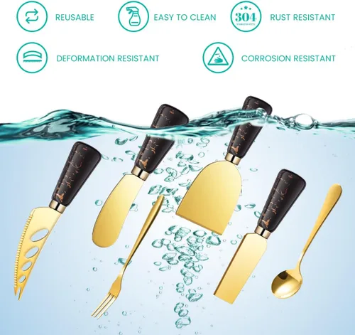 Miniatura 3 de Juego de cuchillos de queso de mármol dorado y negro, accesorios de tablero de charcutería con mango de cerámica, esparcidor de mantequilla, Negro