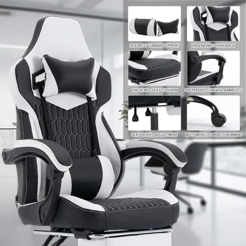 Miniatura 7 de Cómoda silla de oficina con reposapiés y soporte lumbar, estilo carreras, ajustable, giratoria de 360°, silla de juegos con reposacabezas