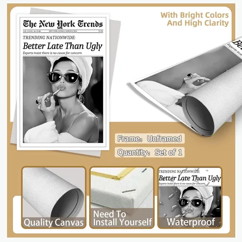 Miniatura 7 de FBKDVC Póster de pared de periódico retro de moda en blanco y negro para mujer, póster artístico con texto en inglés "Better Late Than Ugly Vintage
