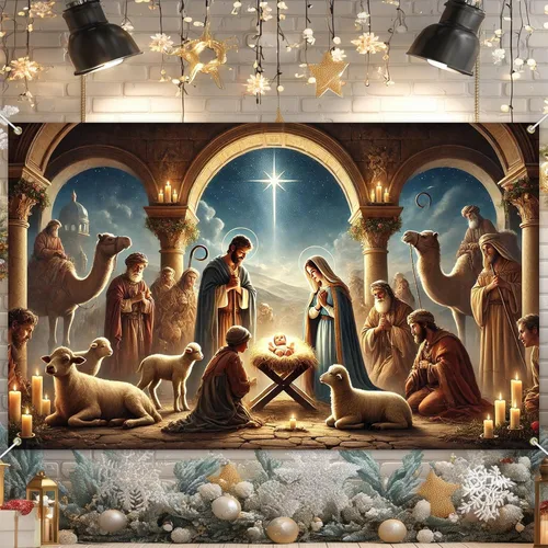 BlissYard Pancarta de Escena de la Natividad 71x43 Pulgadas Pancarta de Escena del Pesebre de Noche Santa Fondo Religioso Cristiano para Iglesia