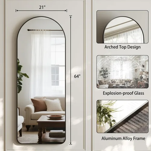 Miniatura 5 de HARRITPURE Espejo Arqueado de Cuerpo Entero - 64"x21" Espejo Grande de Pie, Espejos de Vestir con Marco de Aluminio con Soporte para Dormitorio/Sala