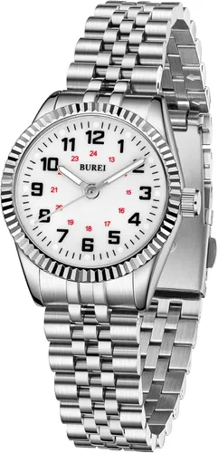 Miniatura 9 de BUREI Reloj de negocios para mujer con fecha de día, movimiento de cuarzo analógico, pulsera de acero inoxidable de oro plateado, reloj de moda