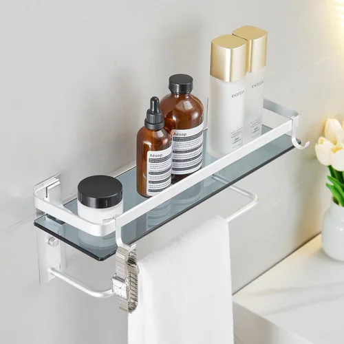 Miniatura 10 de VOLPONE Estante de vidrio para baño de 15.7 pulgadas, estantes de baño negros, estantes de vidrio templado montados en la pared con 4 ganchos