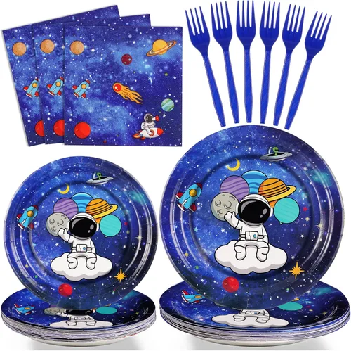 SCIONE Juego de 96 piezas de decoración de fiesta de cumpleaños temática espacial para 24 invitados, incluye 24 platos de 9 pulgadas, 24 platos de 7