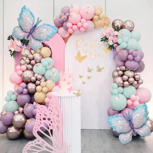 Kit de arco de globos de color rosa pastel, morado y azul, 142 piezas con globo de aluminio de mariposa grande y calcomanías para decoración de baby