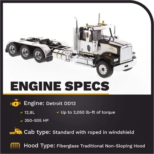 Miniatura 3 de Tractor Tridem de cabina de día Western Star 4900 SF a escala 1:50, capó abierto, cabina de motor diesel Detroit, color negro con acento blanco