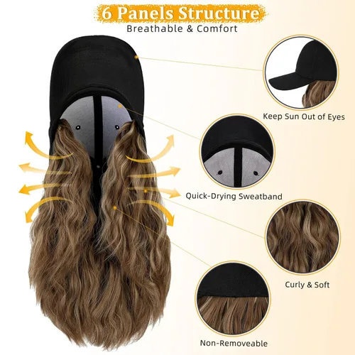 Miniatura 5 de Gorra de béisbol con extensiones de cabello, peluca ajustable, gorra rizada de 14 pulgadas, peluca sintética para mujer, marrón claro mezcla