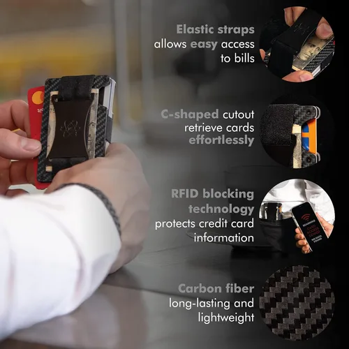 Miniatura 5 de ROSSM Cartera minimalista para hombre - Cartera delgada RFID para hombre - Cartera delgada de fibra de carbono y metal para tarjetas y dinero