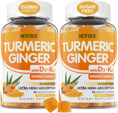 Gomitas de jengibre de cúrcuma sin azúcar con 5000 UI de vitamina D3 y K2 (MK7), C - Suplemento de cúrcuma vegana para adultos 1500 mg con pimienta