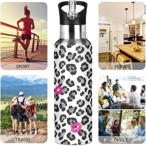 Miniatura 5 de Bold Black Gray Leopard Spots White Stainless Steel Vacuum Insulated Water Bottle 20 Oz Leakproof Water Bottles, BPA-Free Sports Water Bottle