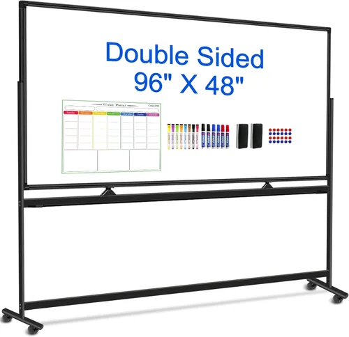Miniatura 11 de Pizarra blanca magnética móvil de 72 x 48 pulgadas, pizarra blanca rodante sobre ruedas, grande de doble cara de 6 x 4 pies con soporte, pizarra