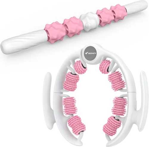 Merach Herramienta de masaje para celulitis con rodillo de empuje, masajeador de drenaje linfático, masajeador de piernas con asas desmontables, Rosa