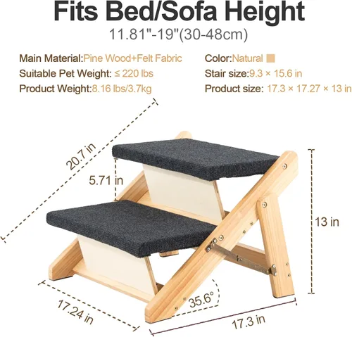Miniatura 2 de MEWANG Wood Pet Stairs/Pet Steps - Escalera y rampa plegable de 2 niveles para perros, perfecta para camas y coches - Escalera portátil