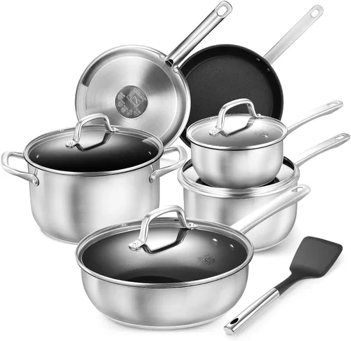 KOCH SYSTEME CS - Juego de ollas y sartenes de acero inoxidable, juego de 10 piezas de utensilios de cocina de acero inoxidable con revestimiento