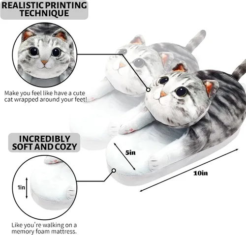 Miniatura 3 de Divertidas pantuflas de gato mullidas para mujer, zapatos de casa esponjosos, bonitas pantuflas de animales para interiores y exteriores, suaves