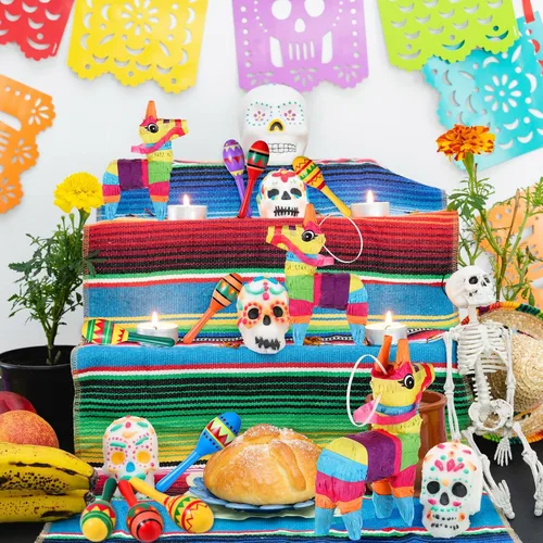 Miniatura 7 de Hungdao 36 piezas de decoración de fiesta mexicana incluyen 12 maracas de madera a granel, 6 mini piñatas de burro mexicanas para decoraciones