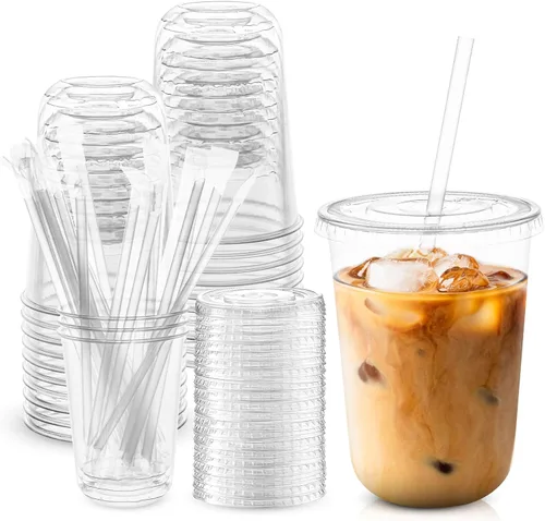 Miniatura 9 de TINSKY Juego de 50 vasos de plástico transparente con tapas y pajitas, tazas desechables para café helado, mascotas para bebidas frías, jugos