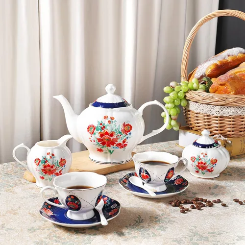 Miniatura 3 de fanquare Juego de té de porcelana victoriana de 21 piezas para 6, juego de tazas de té floral británicas reales para mujeres, juego de fiesta de té