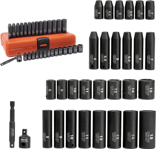 Miniatura 2 de NEIKO 02481A Juego de llaves de impacto de 1/4", 30 piezas, tamaños métricos de 4 a 0.591 in, enchufes profundos y poco profundos, acero al cromo