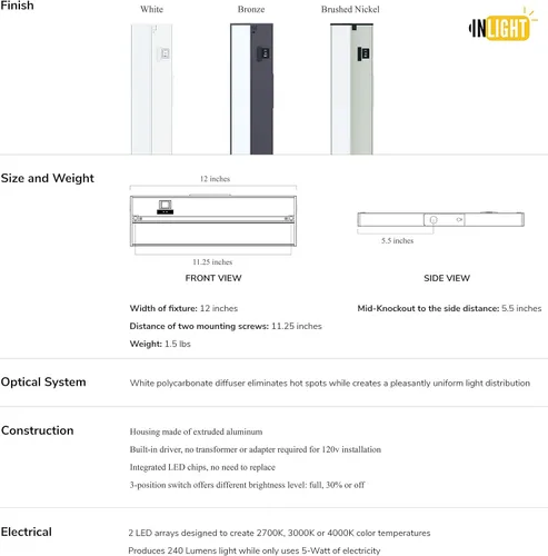 Miniatura 5 de Luz LED GetInLight, regulable, con certificación ETL, para debajo de los armarios, con 3 niveles de color: blanco cálido 2,700 K, blanco suave 3,000