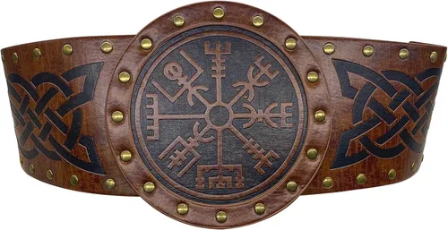Miniatura 2 de HiiFeuer Viking Cinturón ancho en relieve cinturón nórdico de piel sintética con corsé de caballero disfraz LARP de Halloween