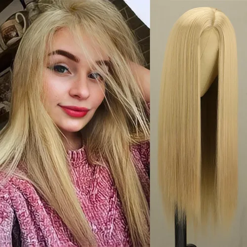 Miniatura 9 de Xinran Pelucas rubias degradadas para mujer, peluca larga y lacia marrón rubia, mezcla de área pequeña, encaje frontal, reemplazo de línea capilar