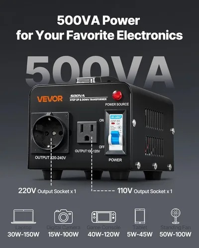Miniatura 4 de VEVOR Transformador convertidor de voltaje, 500 VA, transformador de potencia elevador/abajo de servicio pesado, convertir de 110 V a 220 V y 220 V