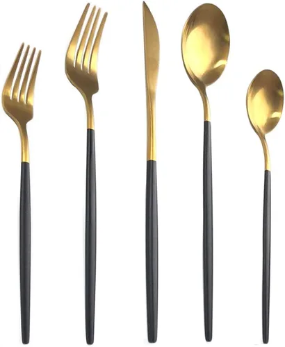 Juego de cubiertos de 5 piezas, Uniturcky, de acero inoxidable negro y dorado, utensilios para comer con cuchillo, tenedor, cuchara para el hogar,