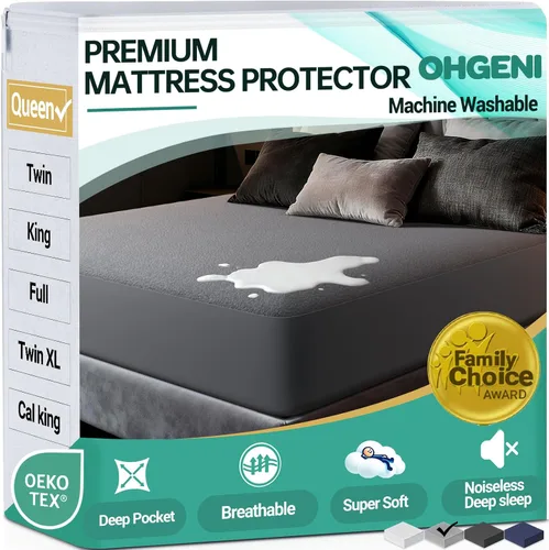 Miniatura 36 de OhGeni Protector de colchón 100% impermeable, tamaño Queen Beige, sábana bajera con bolsillos profundos, 6''-18'', material suave transpirable sin