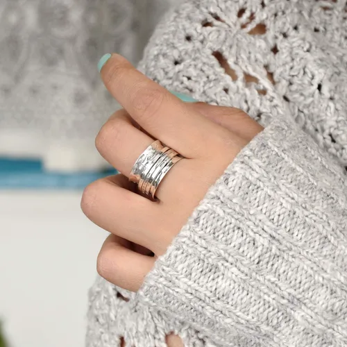 Miniatura 7 de Boho-Magic Anillo giratorio de plata de ley 925 para mujer, 3 anillos antiansiedad, banda ancha martillada