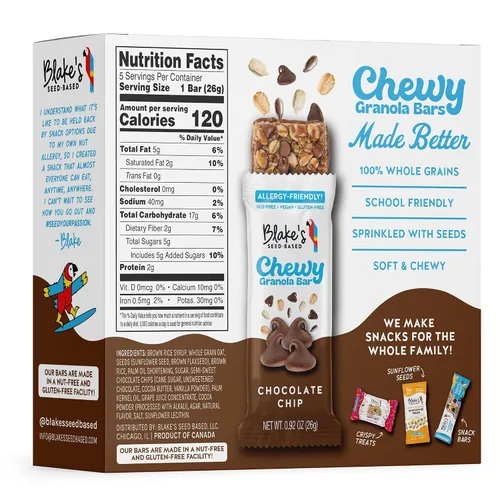 Miniatura 8 de Blake's Seed Based Barras de granola masticables, con chispas de chocolate (5 unidades), veganas, sin gluten, sin nueces y sin lácteos, aperitivos