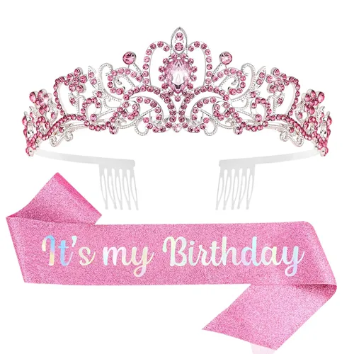 Miniatura 11 de YISSION Juego de tiara y banda de cumpleaños con diamantes de imitación plateados, banda con purpurina con corona de cristal para mujer