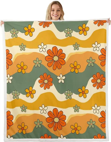 Miniatura 8 de Manta de vellón Kawaii Mushroom Boho – Hippie Groovy Floral Sherpa Queen – 60s 70s Retro Vintage Theme Throw – Chic Daisy Flower Plush Geometric