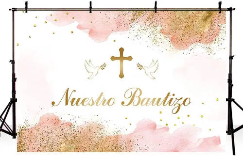 Miniatura 4 de AIBIIN Telón de fondo Mi Bautizo de 7 x 5 pies para Nuestro Bautizo Baby Bautizo Bautizo Fotografía Fondo Rosa Acuarela Nubes Doradas Cruz Paz