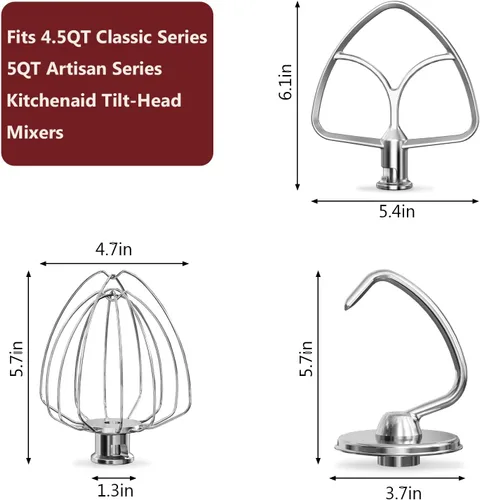 Miniatura 2 de Accesorios de Acero Inoxidable 3 Piezas para Batidora de Pie KitchenAid de Cabeza Inclinable de 4.5-5QT y Tazón de Mezcla, Batidor de Alambre K45WW