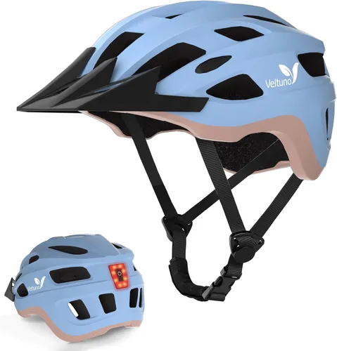 Miniatura 12 de Casco de bicicleta para adultos, casco ligero de bicicleta de montaña con luz trasera LED recargable por USB, visera solar extraíble para mujeres