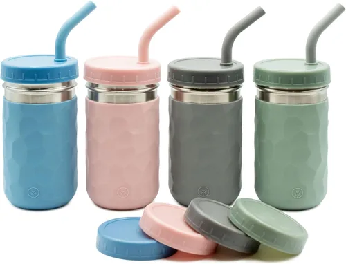 Miniatura 10 de WeeSprout Vasos 2 en 1 para niños, vaso de acero inoxidable duradero para batidos, pajitas de silicona con tapones, tapas giratorias de plástico
