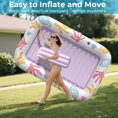 Miniatura 32 de Flotador inflable de bronceado para piscina con lona de protección, flotadores de piscina de 70 x 46 pulgadas para adultos con almohada, flotador 6