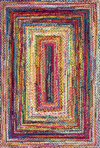 Miniatura 3 de nuLOOM Tammara - Alfombra bohemia trenzada a mano, algodón, hecha a mano, ecológica, colorida, roja, azul, rosa, amarillo