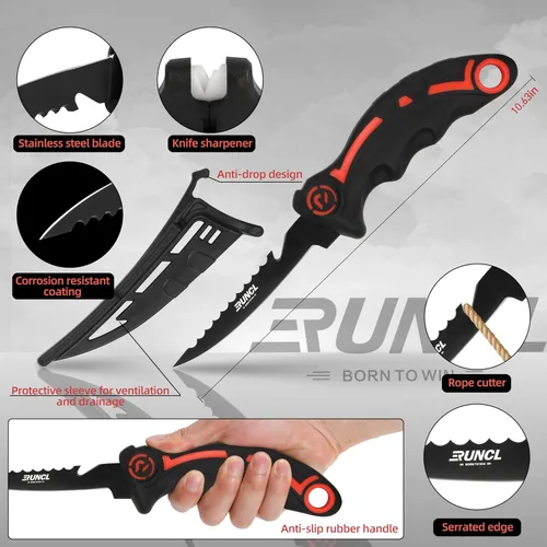 Miniatura 3 de RUNCL - Juego de herramientas de pesca de 4 piezas, alicates de pesca, cuchillo de filete de pescado con afilador, pinza de labios de pescado