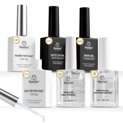 Miniatura 10 de Juego de base de gel y capa superior de esmalte de uñas de gel Beetles, 2 piezas de 15 ml, base transparente y capa superior sin toallitas, secado