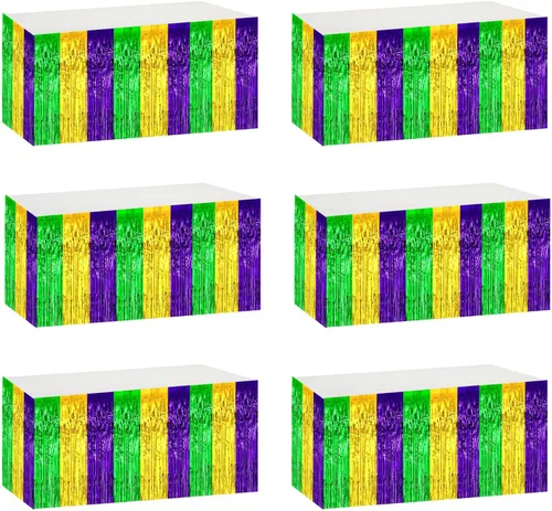 Miniatura 8 de LabZhang Paquete de 2 faldas de mesa con flecos metálicos de Mardi Gras de 29.5 x 72 pulgadas, faldas de mesa de fiesta de Mardi Gras, decoración